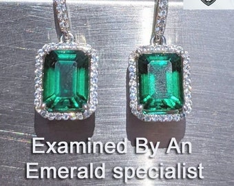 Real Emerald Earrings With Halo For Womens Birthday Gift 9x7mm 2.60ct Emerald Cut  hydrothermal Emerald Drop Earrings Sterling Bridal Gift