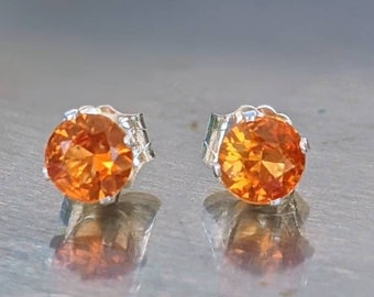 Natural Padparadscha Sapphire Stud Earrings 4mm Round Cut Solid 14k Gold Orange Sapphire Stud For Womens birthday gift genuine gemstone