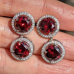 Garnet Stud Earrings with CZ Halo: Sterling Silver, January Birthstone