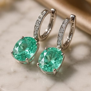 Sea Foam Green Spinel Drop Earrings: Diamond Halo, 14k Gold Dangles
