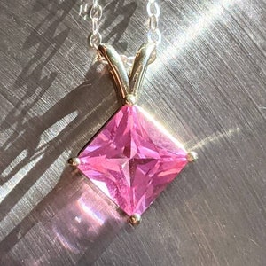Real Pink Sapphire Pendant. Pink Sapphire Necklace Princess Cut 8mm Silver or solid gold Women's Birthday Gift 3ct Genuine Gemstone Jewelry
