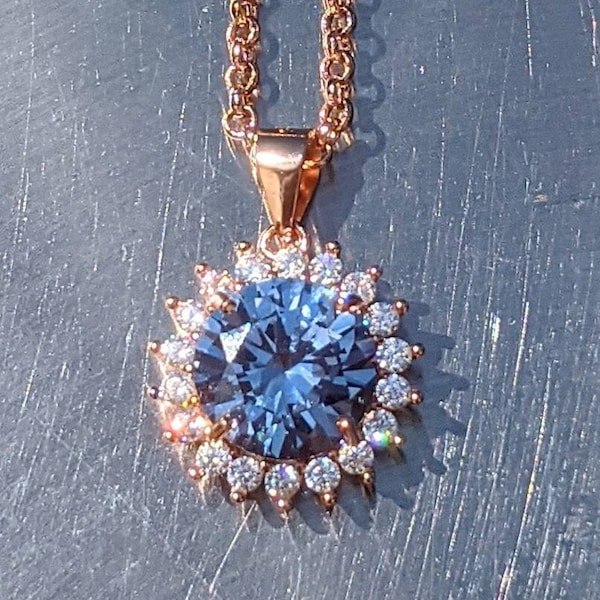 Blue Spinel Pendant With Halo Rose Gold 10mm Round Cut 2ct Blue Spinel Vintage Style For Women's Birthday Gift gemstone blue bridal pendant