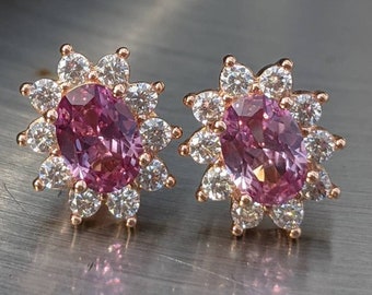 Aretes de Alejandrita de 7x5 mm, 0,78 quilates por piedra, oro rosa con acento de halo de diamantes, lujosa piedra preciosa de talla ovalada, perfecta para veladas elegantes