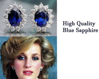 Pendientes de zafiro azul real con halo princesa Diana zafiro azul tachuelas ovaladas de 8x6 mm regalo de cumpleaños para mujeres algo joyería nupcial azul