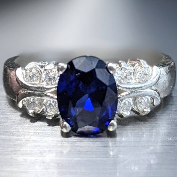 Apprised Genuine Lab Blue Sapphire With Moissanite Engagement Ring Sterling Or 14k Oval Cut 8x6mm 1.50ct Womens Blue Sapphire Bridal Ring