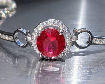 Real Ruby Bracelet With Diamond Halo Pigeon Blood Red Ruby Tennis Bracelet Round Cut 2ct 8mm Ruby Diamond Bracelet Anniversary Jewelry