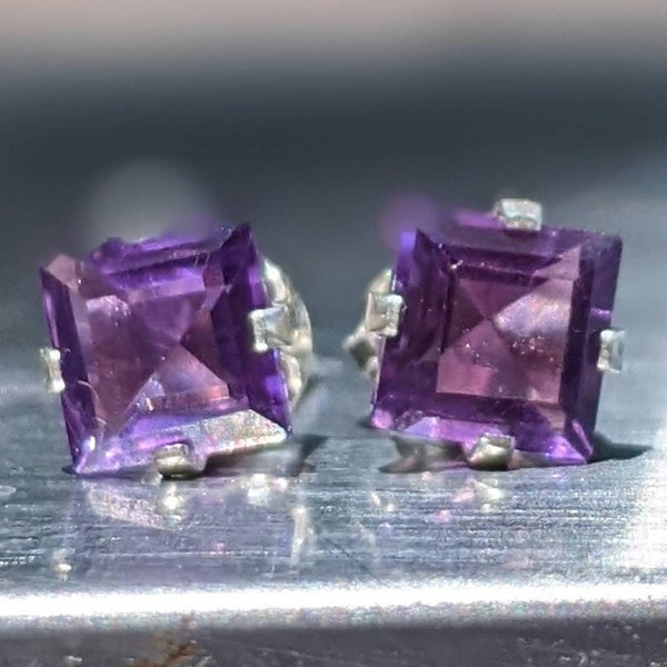 Natural Amethyst Stud Earrings Sterling Silver February birthstone 5mm Princess Cut Stud Earrings Amethyst Stud Earrings Naturally Mined