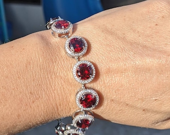 Garnet Tennis Bracelet With Halo AAA Garnet Round Cut 8mm Iced Bracelet Chunky Bracelet January Birthstone Gemstone Jewelry For Her Birthday