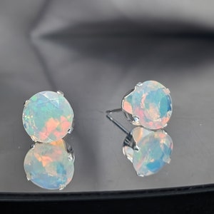 Natural Ethiopian White Fire Opal Stud Earrings 8mm Genuine Gemstone, Handcrafted Minimalist Jewelry Gift for Her Birthday, Christmas Gift 画像 6