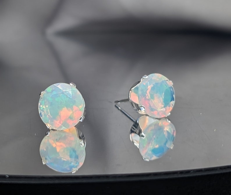 Natural Ethiopian White Fire Opal Stud Earrings 8mm Genuine Gemstone, Handcrafted Minimalist Jewelry Gift for Her Birthday, Christmas Gift zdjęcie 6