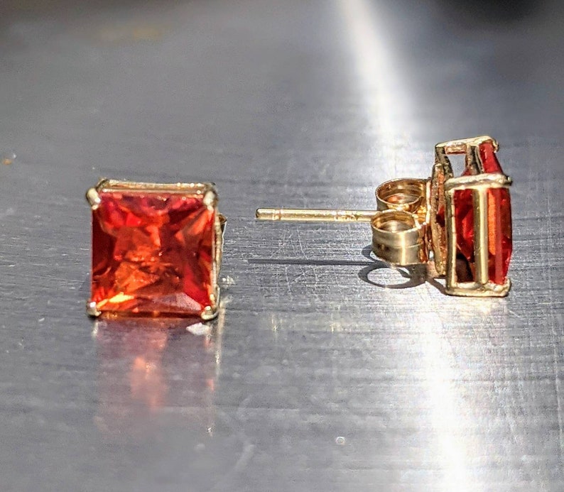 Real Padparadscha Zafiro Stud Pendientes 6mm Princesa Corte Sólido 14k Oro Naranja Zafiro Stud Para Mujeres regalo de cumpleaños piedra preciosa genuina imagen 3