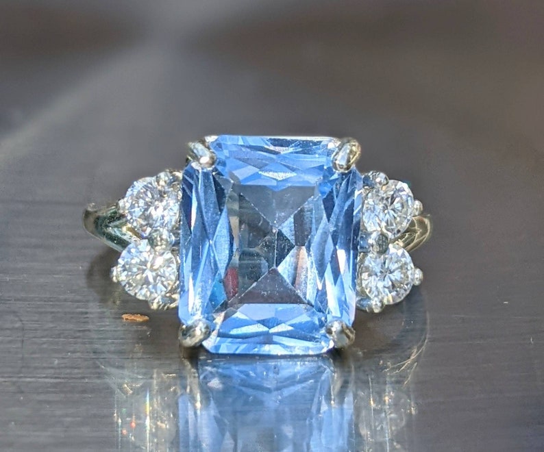 Echter Aquamarin 4.80ct Ring mit Moissanit Prinzessin Diana inspiriert Aquamarin Ring Smaragdschliff Sterling oder Massivgold für ihren Jahrestag Bild 2