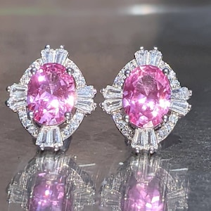 Real Pink Sapphire Stud Earrings 6x8mm Oval Cut With Baguette Halo Sterling 14k Pink Sapphire For Women's Birthday Gift Mother's day gift image 2