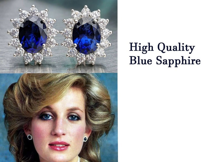 Real Blue Sapphire Stud Earrings With Halo Princess Diana Blue Sapphire 8x6mm oval studs Women Birthday gift Something Blue Bridal Jewelry 画像 1