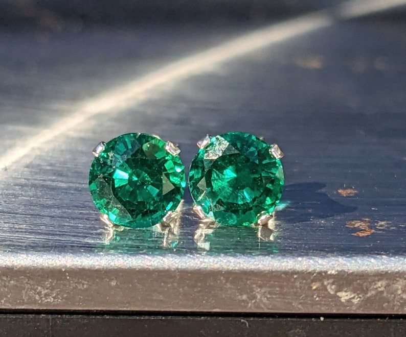 Dark Zambian Emerald Stud Earrings 6mm Round Stud Emerald Earrings Hydrothermal Emerald Studs Earrings For Her Birthday Gift Valentine's zdjęcie 2