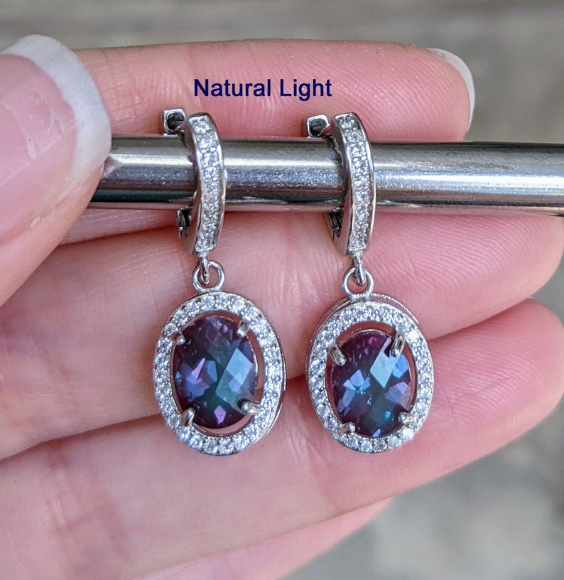 Real Color Changing Alexandrite Lever Back Earrings Russian Pulled True Color Change Alexandrite Oval Checkerboard Cut Earrings with halo image 1