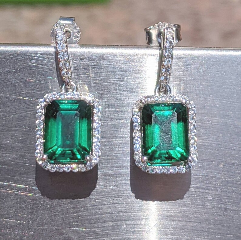 Real Emerald Earrings With Halo For Womens Birthday Gift 9x7mm 2.60ct Emerald Cut hydrothermal Emerald Drop Earrings Sterling Bridal Gift image 2