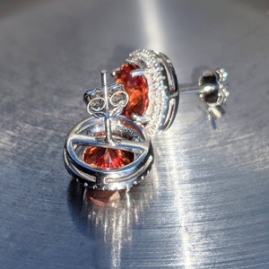 Echte Padparadscha saffier Stud Oorbellen 8mm ronde geslepen sterling zilver oranje saffier hengsten met Halo voor Womens verjaardag kerstcadeau afbeelding 8