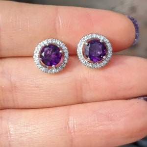 Natural Dark AAA African Amethyst Stud Earrings With Halo Solid 14k February birthstone 6mm Stud Earrings Amethyst Earrings Naturally Mined image 5