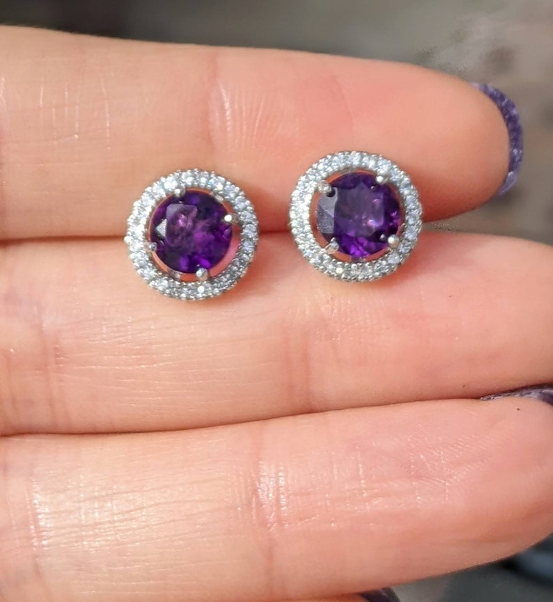 Natural Dark AAA African Amethyst Stud Earrings With Halo Solid 14k February birthstone 6mm Stud Earrings Amethyst Earrings Naturally Mined image 5