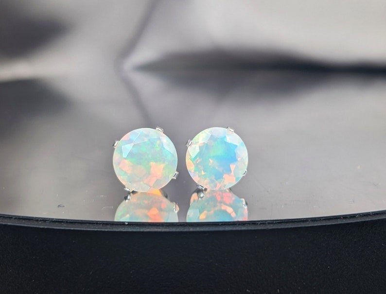 Natural Ethiopian White Fire Opal Stud Earrings 8mm Genuine Gemstone, Handcrafted Minimalist Jewelry Gift for Her Birthday, Christmas Gift zdjęcie 7