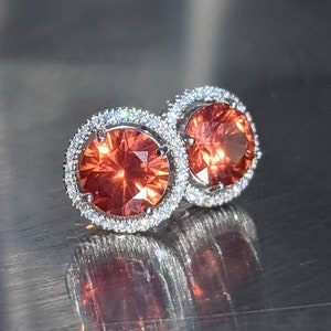 Real Padparadscha Sapphire Stud Earrings 8mm Round Cut Sterling Silver Orange Sapphire Studs With Halo For Womens Birthday Christmas Gift 画像 4