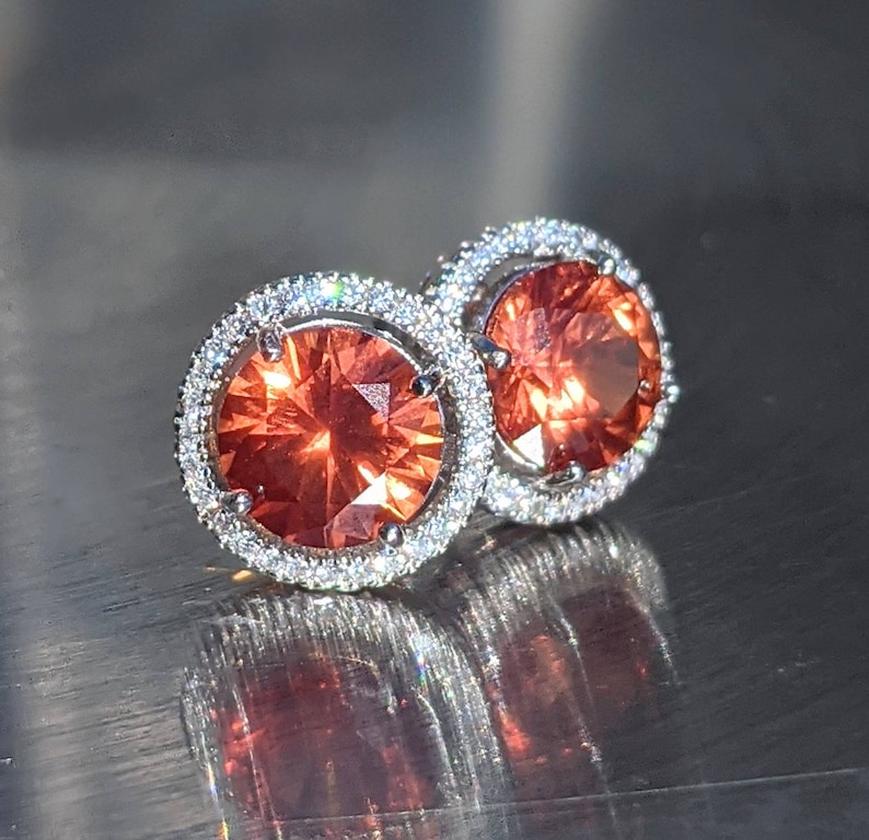 Echte Padparadscha saffier Stud Oorbellen 8mm ronde geslepen sterling zilver oranje saffier hengsten met Halo voor Womens verjaardag kerstcadeau afbeelding 4