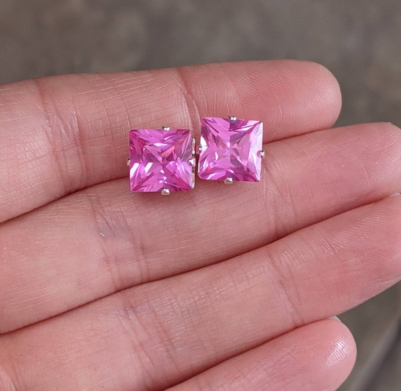 Real Pink Sapphire Stud Earrings. Pink Sapphire Earrings 8mm Silver or solid gold Women's Birthday Gift 6ct Genuine Gemstone Jewelry 画像 6