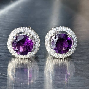 Natural Dark AAA African Amethyst Stud Earrings With Halo Solid 14k February birthstone 6mm Stud Earrings Amethyst Earrings Naturally Mined image 2