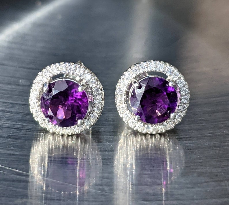 Natural Dark AAA African Amethyst Stud Earrings With Halo Solid 14k February birthstone 6mm Stud Earrings Amethyst Earrings Naturally Mined image 2