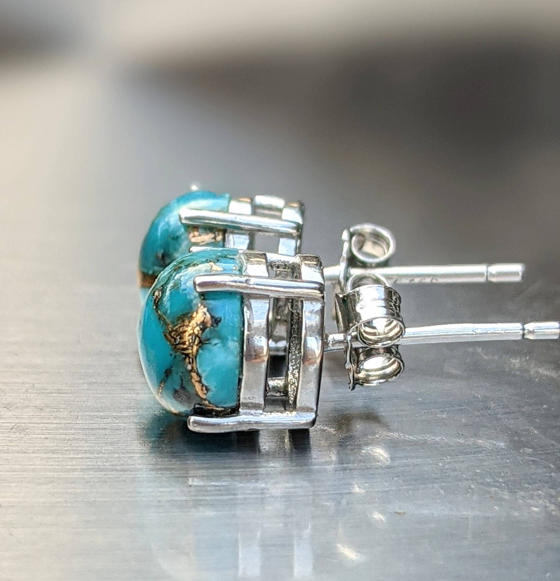 Genuine Turquoise Stud Earrings Sterling Silver 8mm Turquoise Etsy