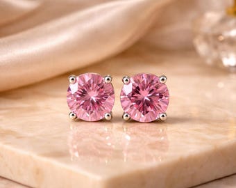 Pink Sapphire Stud Earrings 6mm, Lab Grown Round Sapphire Earrings, Sterling Silver or 14K Gold, September Birthstone