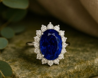 Princess Diana Inspired Ring, 5ct Blue Sapphire Diamond Halo Ring