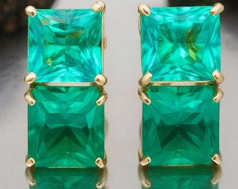 Colombian Emerald Stud Earrings: 14k Gold or Sterling Silver, Princess Cut
