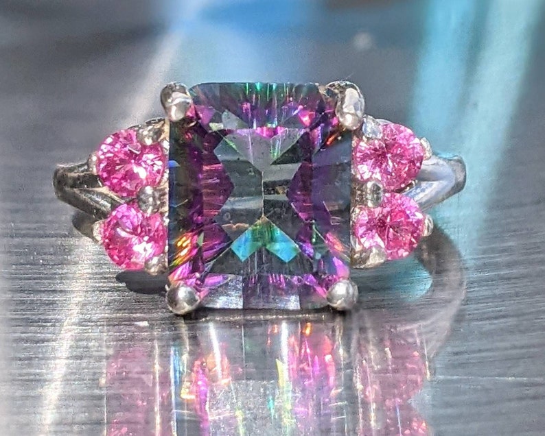 Mystic Topaz Ring With Pink Sapphire Stunning Emerald Cut 14k or Sterling Large Cocktail Ring Natural Gemstone Jewelry For Her Birthday gift image 1