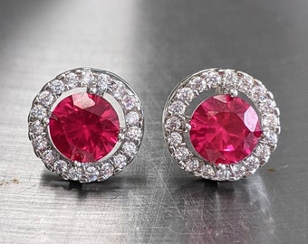 Real Ruby Earrings 6mm .80ct per stone Pigeon Blood Ruby Stud Earrings Sterling  14k gold Round Cut  AAA Natural Diamond Halo For Christmas