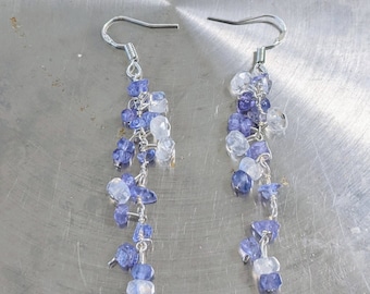 Natural Unheated Tanzanite and Moonstone Gemstone Cluster Earrings Long Cascading Earrings Tanzanite Birthstone Earrings Bridal Jewelry