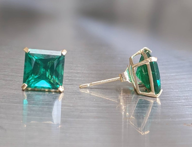 Zambian Emerald Stud Earrings 7mm 1.90ct Princess Cut For Womens Birthday Gift Emerald Square Earrings For Christmas Gift Bridal Jewelry image 8