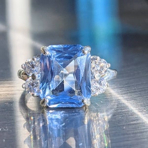 Real Aquamarine 4.80ct Ring With Moissanite Princess Diana Inspired Aquamarine Ring Emerald Cut Sterling Or Solid Gold For Her Anniversary image 9