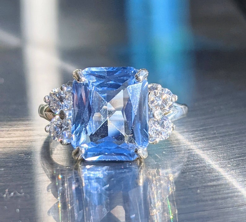 Real Aquamarine 4.80ct Ring With Moissanite Princess Diana Inspired Aquamarine Ring Emerald Cut Sterling Or Solid Gold For Her Anniversary image 9