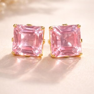 8mm Asscher Cut Padparadscha Sapphire Stud Earrings | Peach Pink Sapphire Gold Studs | Luxury Fine Jewelry Gift