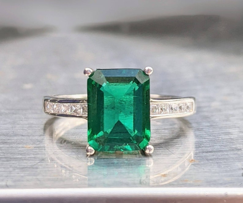 Zambian Emerald Ring 8x6mm 2.60ct Emerald Cut Vintage Dark Emerald Engagement Ring With Paved Band For Women's Birthday Gift Bridal Gift image 3