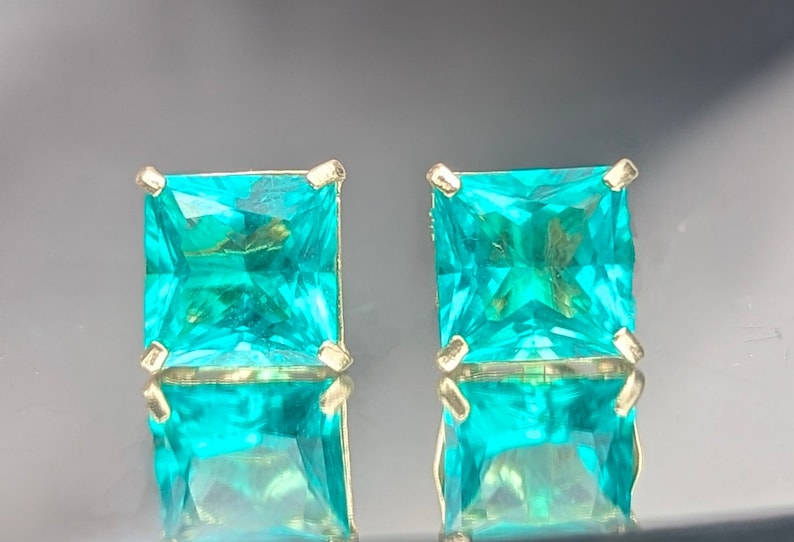 Colombian Emerald Stud Earrings With Lab Certificate 7mm Princess Cut Stud Earrings Silver Or 14k Emerald Earrings For Her Birthday Gift 画像 1