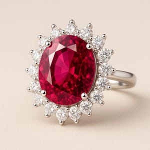 Big Bermuda Lab Ruby Ring: Diamond Halo, Sterling Silver or 14k Gold