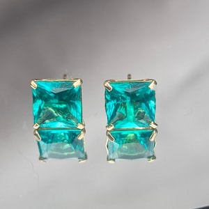 Colombian Emerald Stud Earrings With Lab Certificate 7mm Princess Cut Stud Earrings Silver Or 14k Emerald Earrings For Her Birthday Gift 画像 2