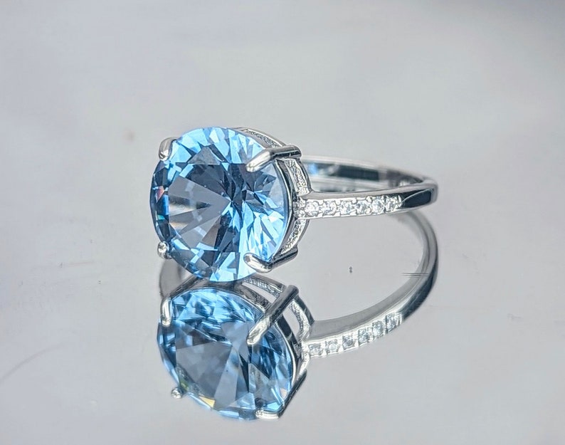Real Sky Blue Spinel Ring High paved band 8mm Round Cut 2ct Silver Light Blue Spinel For Her Women's Birthday Gift Gemstone jewelry image 4