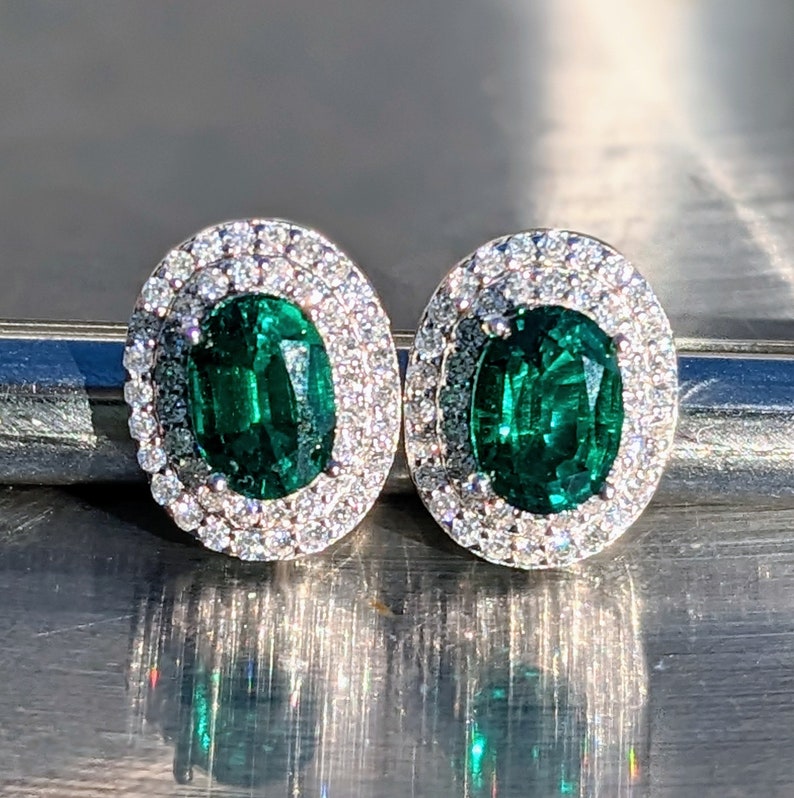 Zambian Emerald Stud Earrings With Double Halo 5x7mm .80ct Oval Cut African Emerald Earring For Her Birthday Gift Valentines Gift May zdjęcie 4