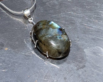 Natural Blue Fire Labradorite Pendant Sterling Silver 20x12mm Oval Cabochon Labradorite Necklace Naturally Mined For Her Birthday Gift