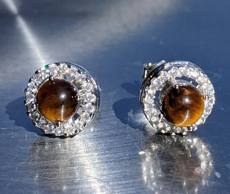 Natural Gemstone Earrings Tigers Eye Stud Earrings 10mm Tiger Eye Studs With Halo Vintage Jewellery Sterling Silver