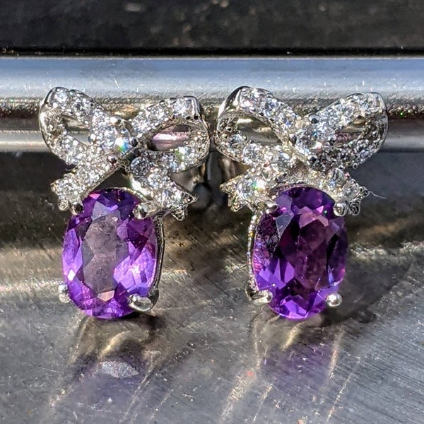 Real Amethyst Stud Earrings With Diamonds Bow Stud Earrings Amethyst Earrings 5x7mm Oval Sterling Silver Womens Birthday Gift Anniversary